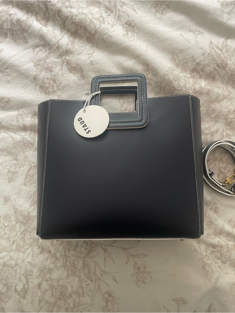 STAUD Navy Leather Square-Handle Tote with Contrast Stitching